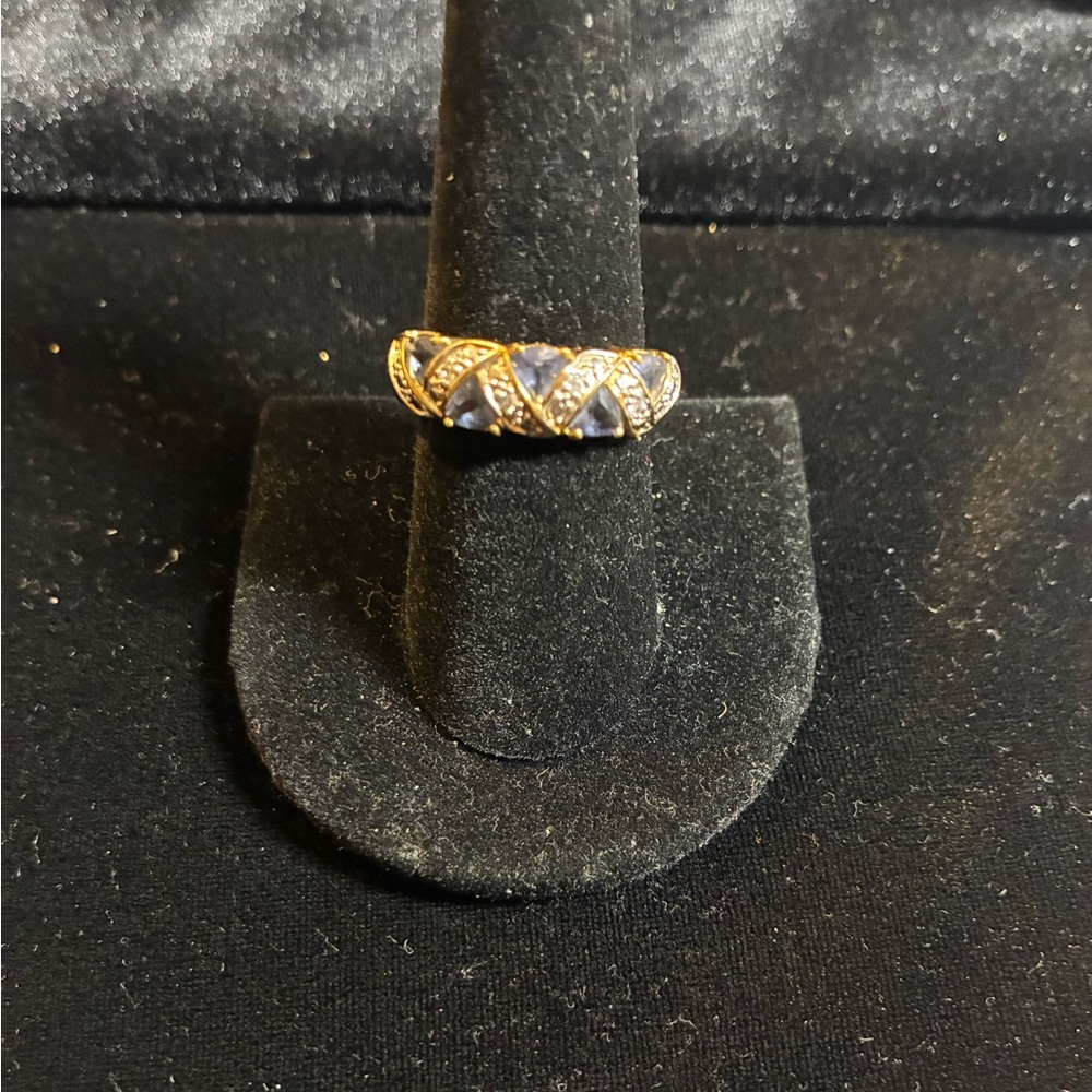 Gold tone Cocktail Ring with Clear and blue Stones size 8
